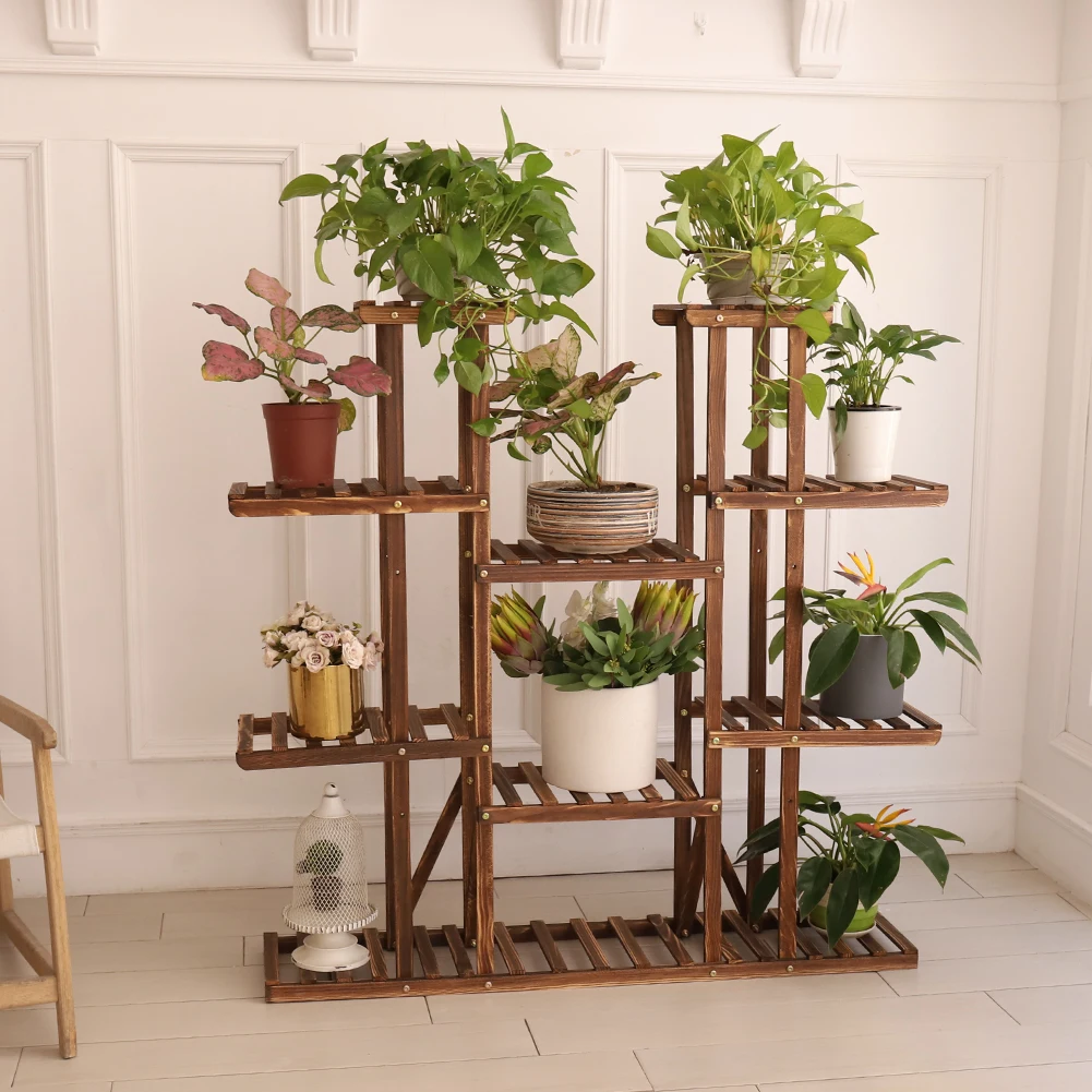 Wood Multi-Tiered Plant Stand Reinforced Flower Display Rack for Outdoor Indoor Decor