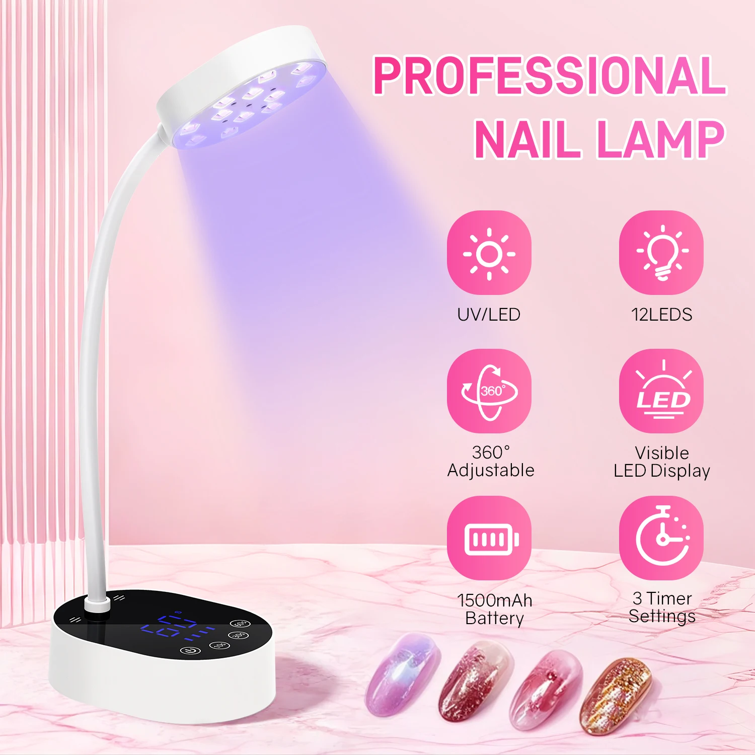12 LEDS Nail Lamp Rechargeable 36W Nail Dryer with 3 Timer Settings Professional UV Light with LCD Touch Screen