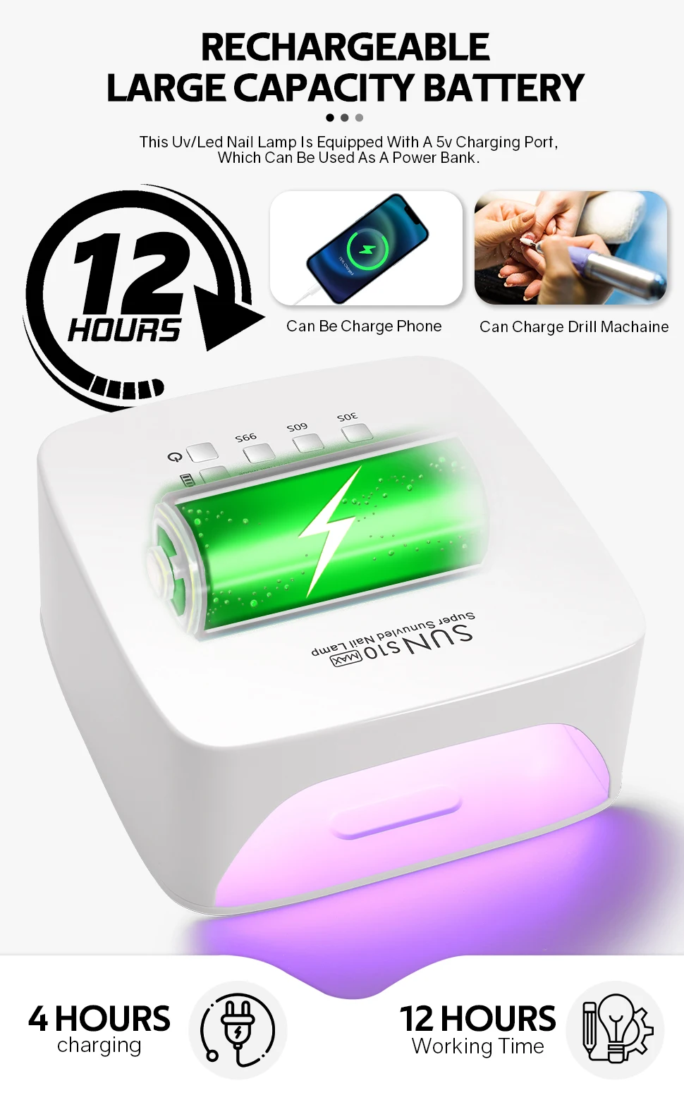 30LEDS Rechargable UV LED Nail Lamp Dryer With HD Display Smart Nail Drying Lamp for Fast Dry Curing All Gel Nail Polish Manicure Tools