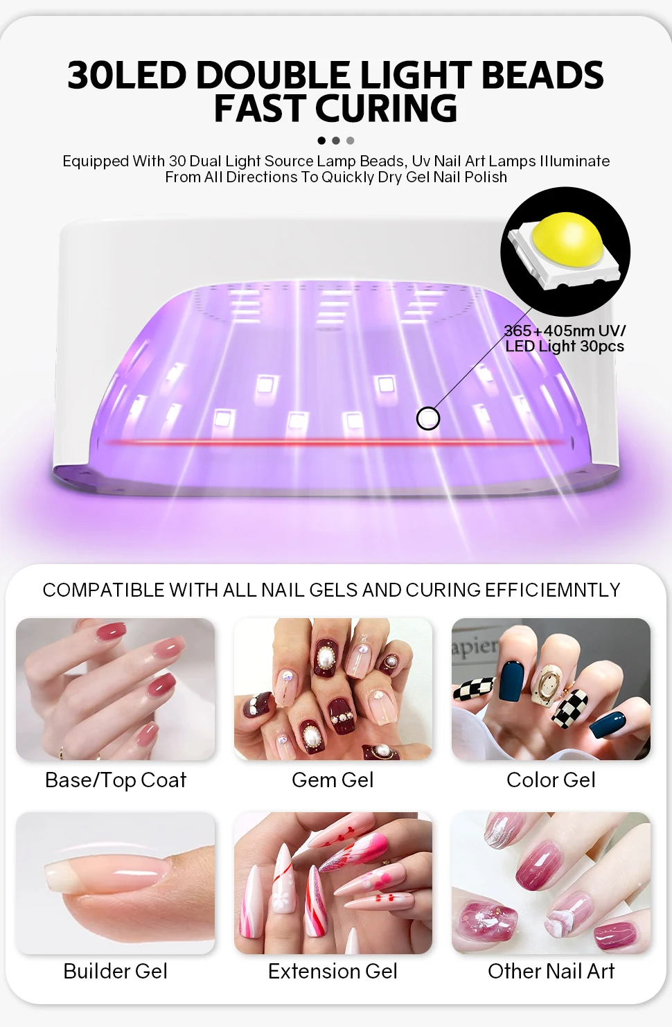 30LEDS Rechargable UV LED Nail Lamp Dryer With HD Display Smart Nail Drying Lamp for Fast Dry Curing All Gel Nail Polish Manicure Tools