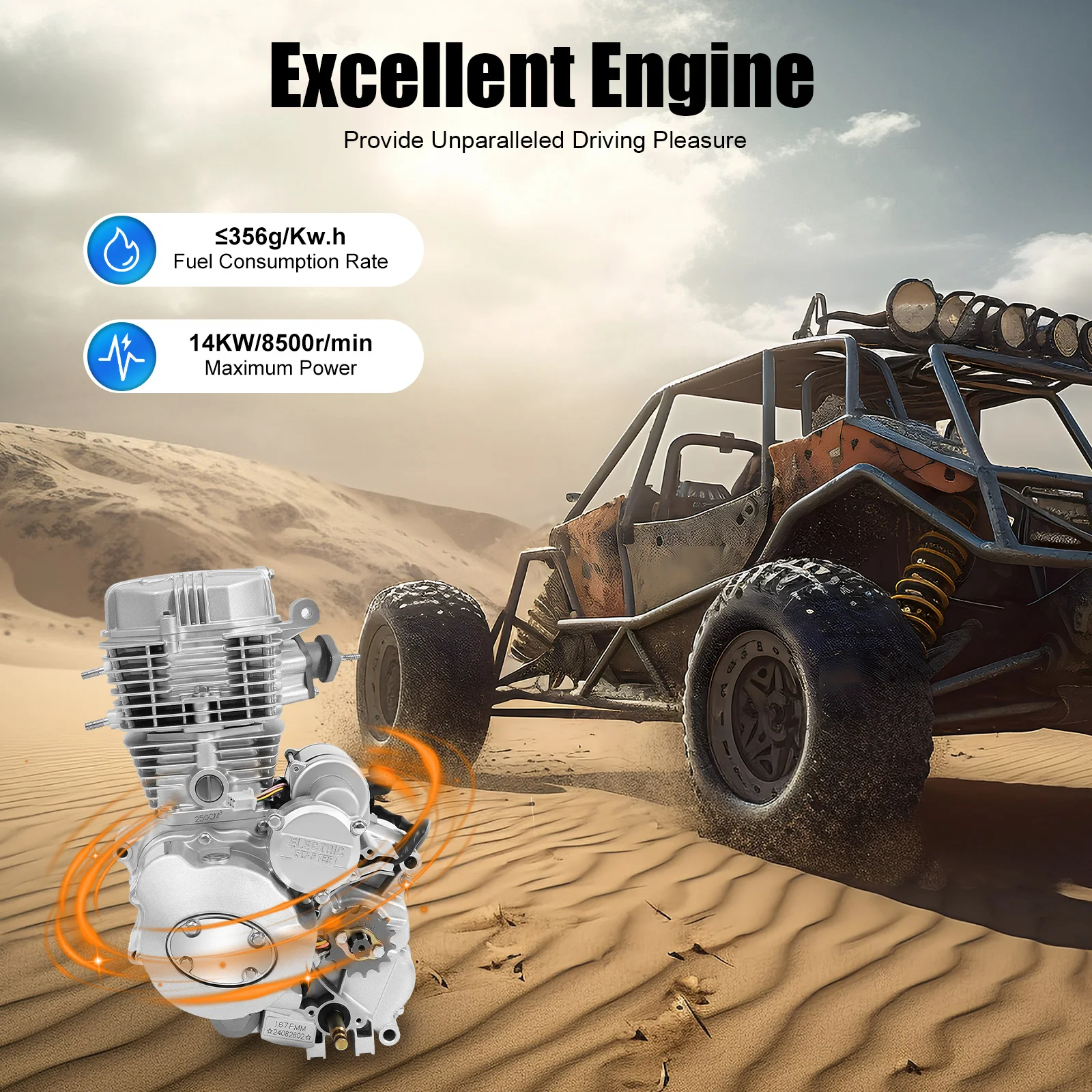 4 Stroke 250cc Engine Motor, Single Cylinder Engine 14KW 8500RPM with Electric/Foot Start & CDI Ignition for 200cc 250cc ATV