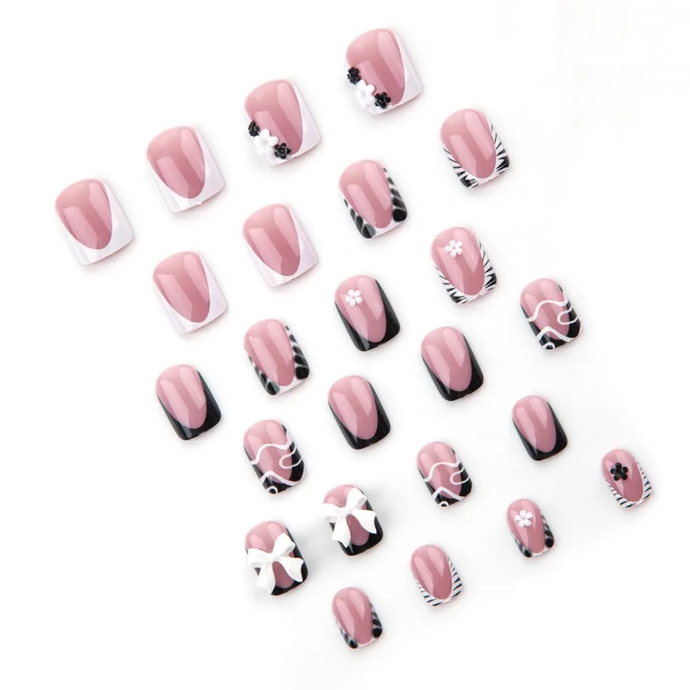 Short Square Press-On Nails with Black French Tips, Zebra Stripes, Flowers, and Glossy Finish for Women's Nail Decoration