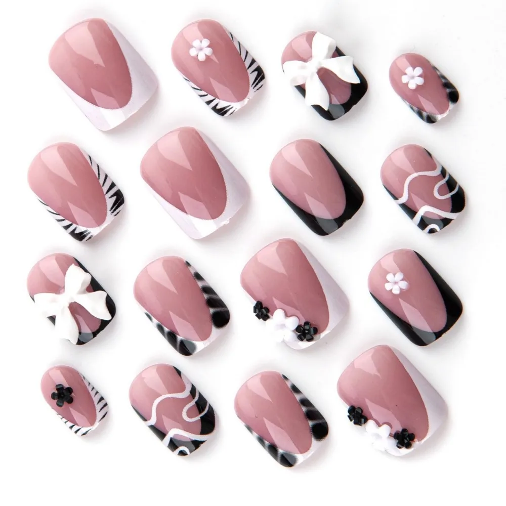 Short Square Press-On Nails with Black French Tips, Zebra Stripes, Flowers, and Glossy Finish for Women's Nail Decoration