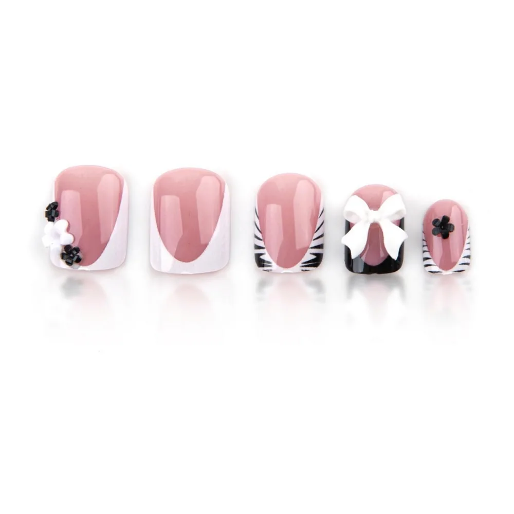 Short Square Press-On Nails with Black French Tips, Zebra Stripes, Flowers, and Glossy Finish for Women's Nail Decoration