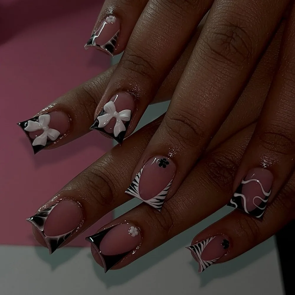 Short Square Press-On Nails with Black French Tips, Zebra Stripes, Flowers, and Glossy Finish for Women's Nail Decoration