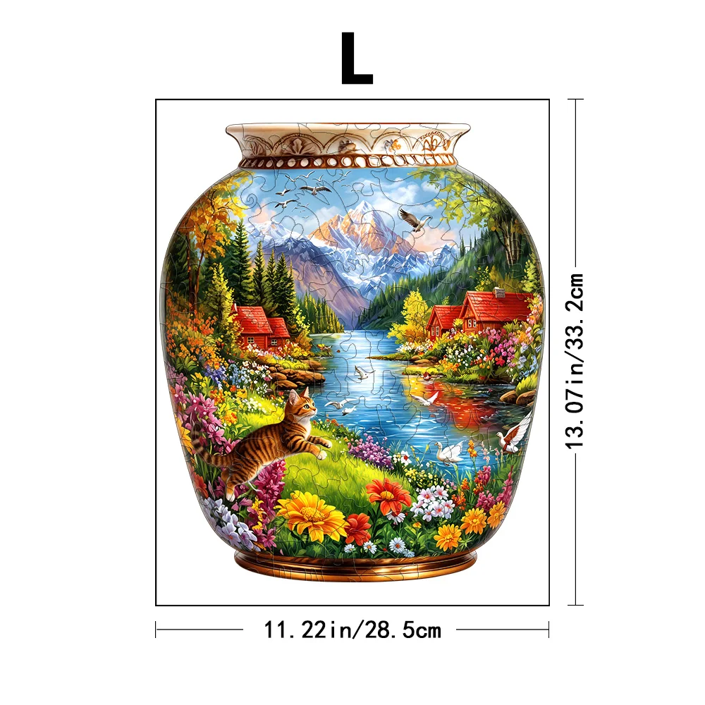 Vase Shaped Mountain Lake Cat Floral Wooden Jigsaw Puzzle, Country Cabin Riverside Scenery Irregular Basswood Puzzle, Laser Cut Nature Landscape Brain Teaser, Rustic Decor Gift For Puzzle Lovers