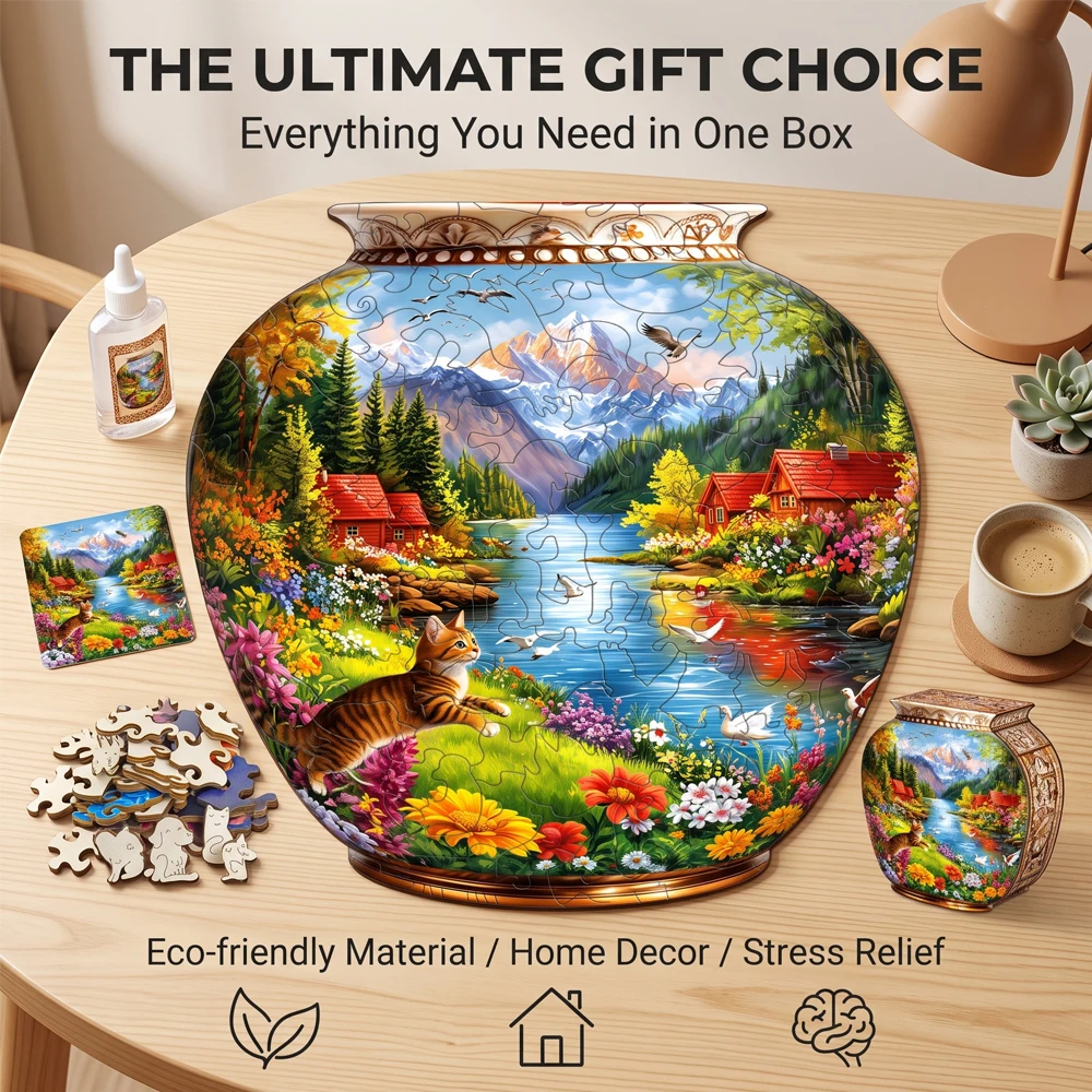 Vase Shaped Mountain Lake Cat Floral Wooden Jigsaw Puzzle, Country Cabin Riverside Scenery Irregular Basswood Puzzle, Laser Cut Nature Landscape Brain Teaser, Rustic Decor Gift For Puzzle Lovers