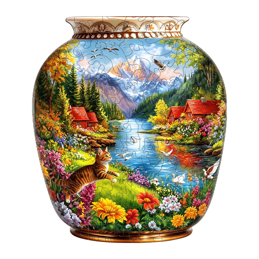Vase Shaped Mountain Lake Cat Floral Wooden Jigsaw Puzzle, Country Cabin Riverside Scenery Irregular Basswood Puzzle, Laser Cut Nature Landscape Brain Teaser, Rustic Decor Gift For Puzzle Lovers