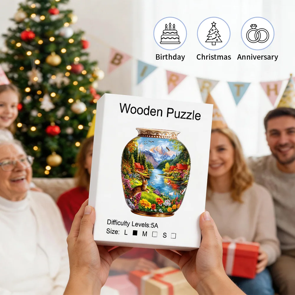 Vase Shaped Mountain Lake Cat Floral Wooden Jigsaw Puzzle, Country Cabin Riverside Scenery Irregular Basswood Puzzle, Laser Cut Nature Landscape Brain Teaser, Rustic Decor Gift For Puzzle Lovers