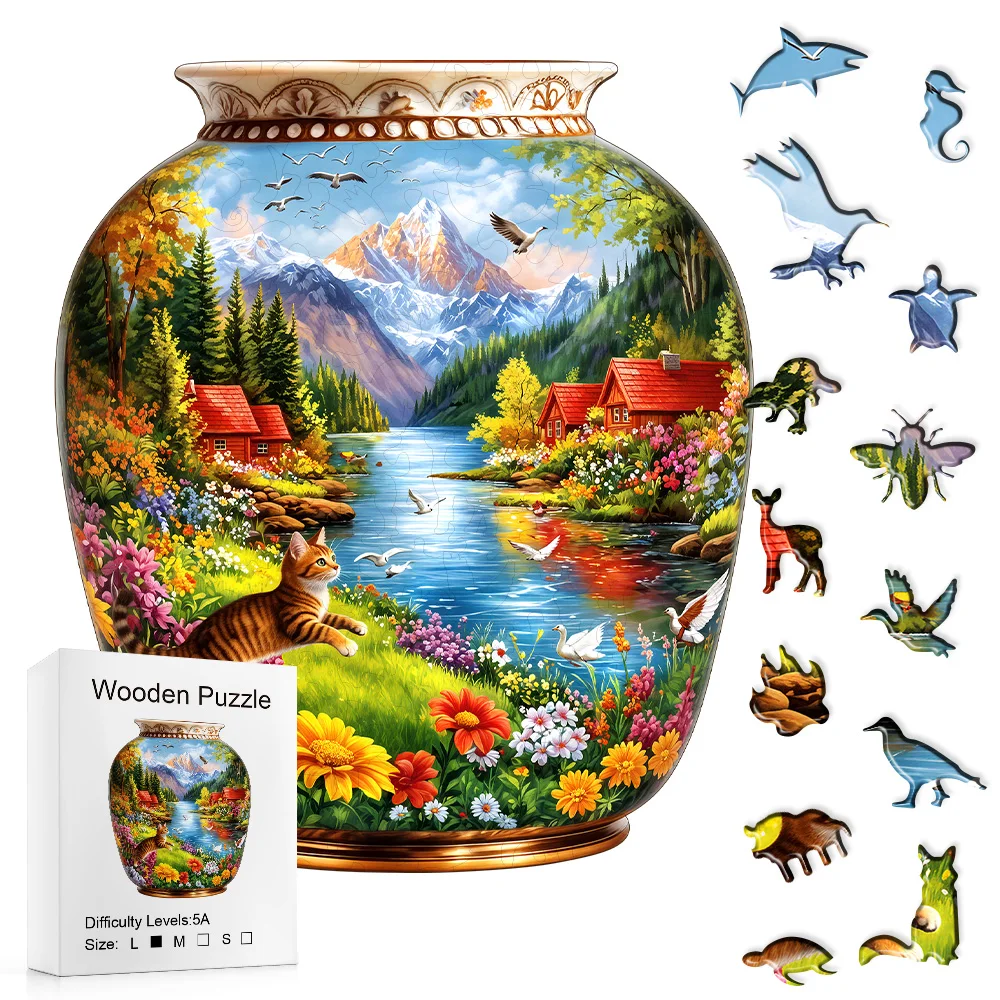 Vase Shaped Mountain Lake Cat Floral Wooden Jigsaw Puzzle, Country Cabin Riverside Scenery Irregular Basswood Puzzle, Laser Cut Nature Landscape Brain Teaser, Rustic Decor Gift For Puzzle Lovers