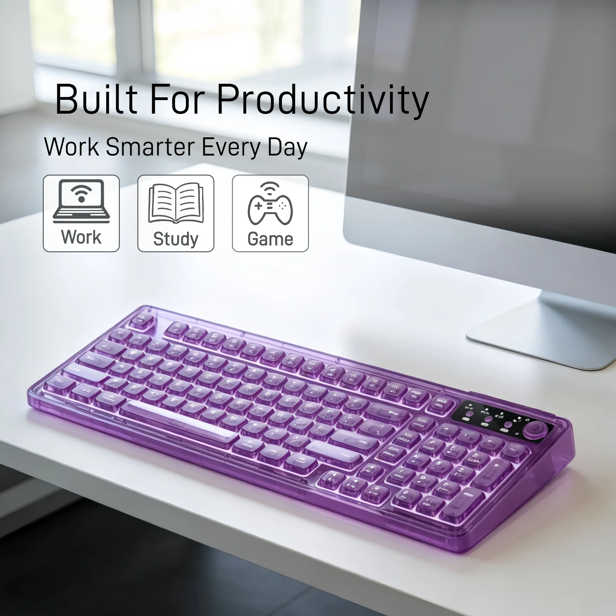 F99 Gasket Transparent Wireless Gaming Keyboard, Tri‑Mode 2.4G/BT/USB‑C, 99‑Key 1800 Compact Layout, RGB Clear PC Keycaps, Mechanical‑Like Typing Feel for Office & Desk Setup