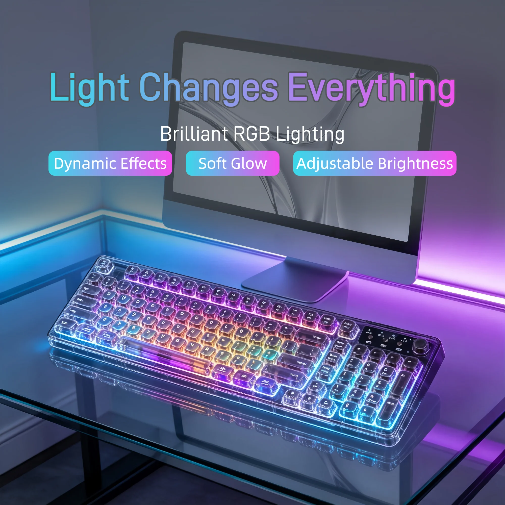 F99 Gasket Transparent Wireless Gaming Keyboard, Tri‑Mode 2.4G/BT/USB‑C, 99‑Key 1800 Compact Layout, RGB Clear PC Keycaps, Mechanical‑Like Typing Feel for Office & Desk Setup