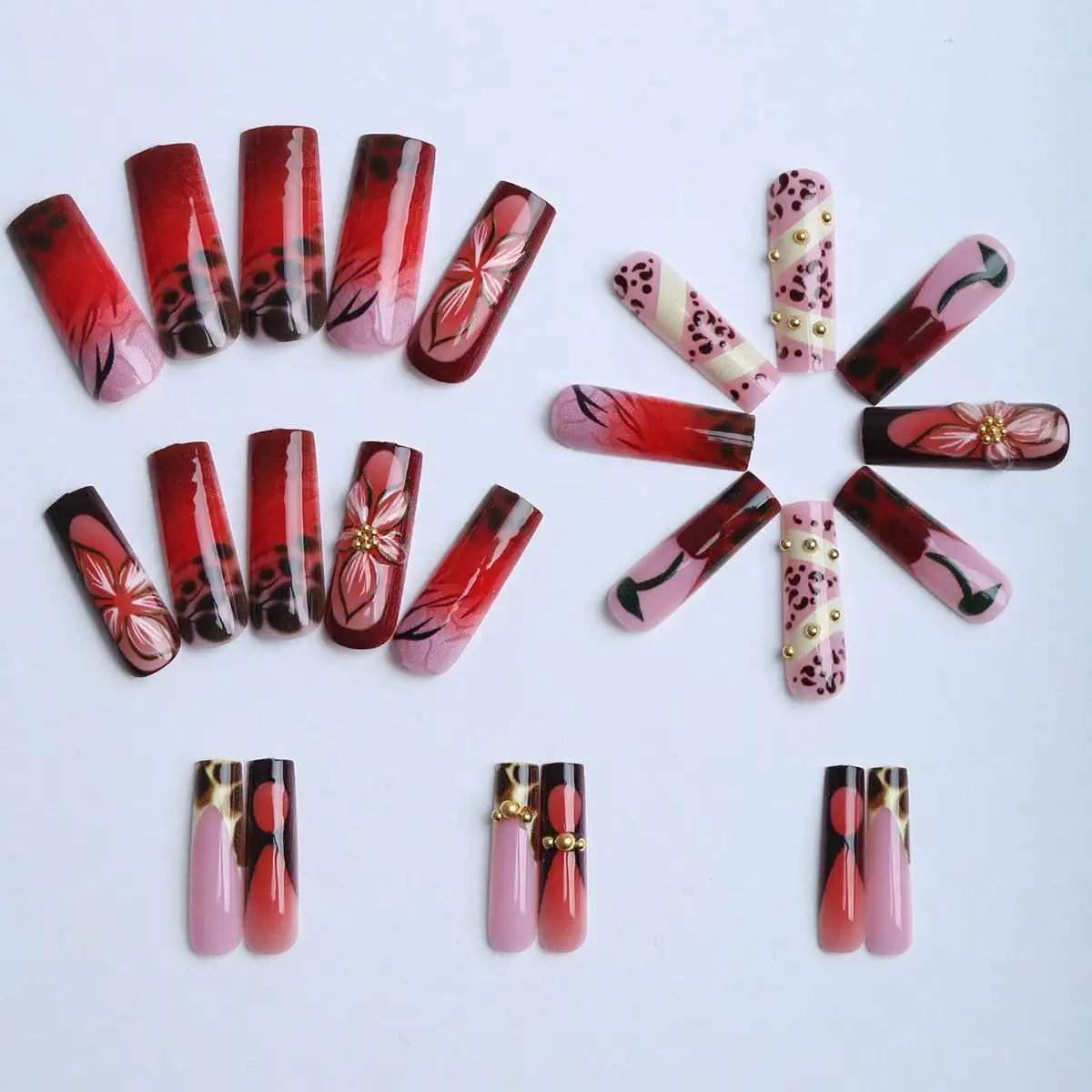 24Pcs Cherry Long Square Press on Nails, Leopard Print 3D Detachable False Nail Tips for Daily Salon DIY Manicure Decor Accessory
