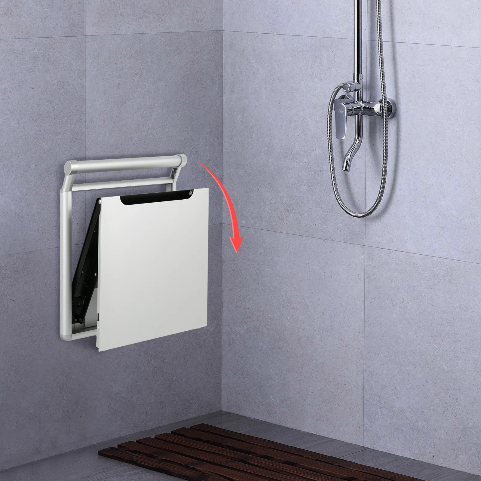 Foldable Wall-Mounted Shower Seat for Elderly Disabled Pregnant Women, 150kg/330.7lbs Load Capacity, Anti-Slip Padded Handrail, Space-Saving Bathroom Bench with Slow-Close Mechanism, Silver Aluminum
