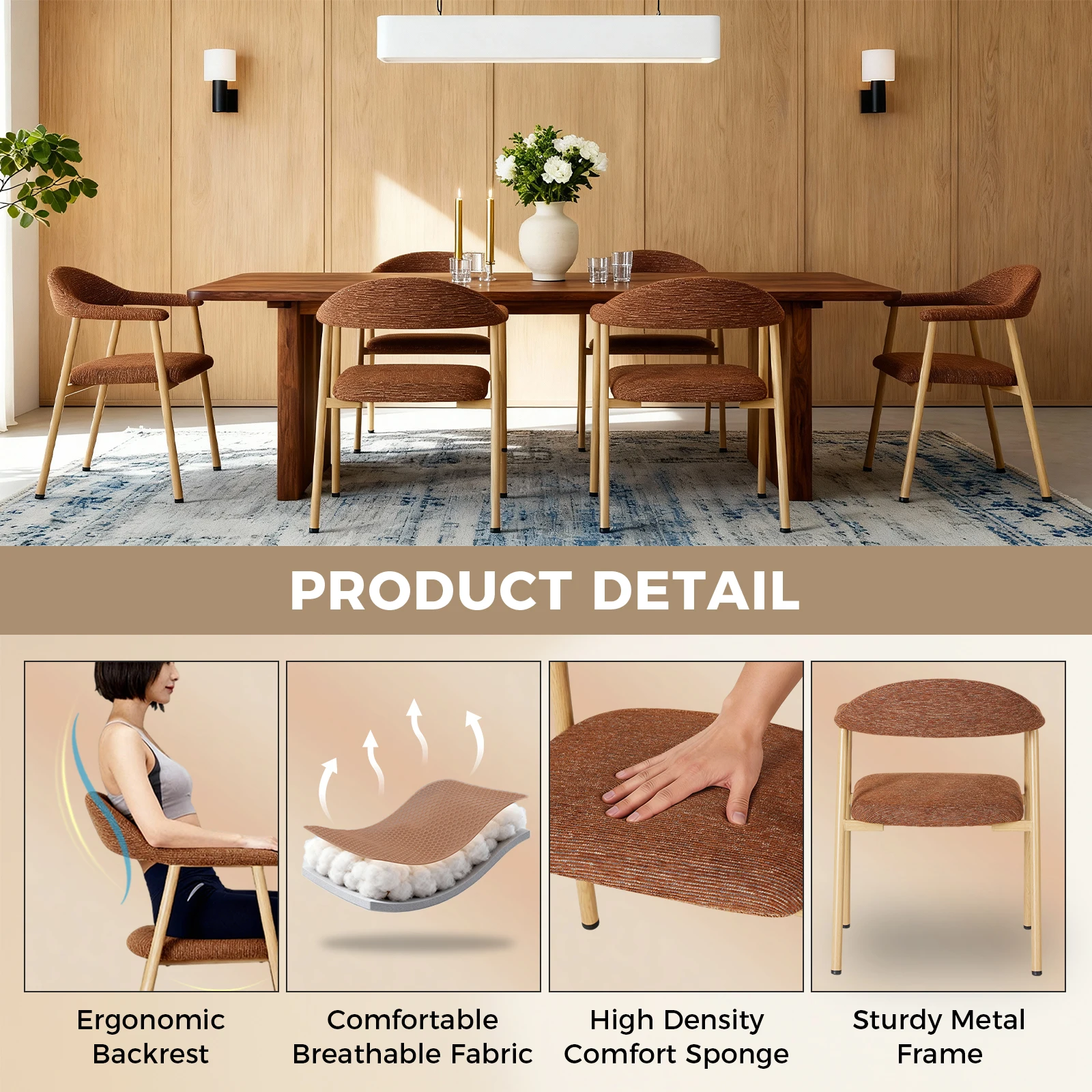 MCQ Ergonomic Backrest Office Chair Set of 2 Modern Linen Fabric Upholstered Side Chairs with Curved Backrest Metal Frame Chairs