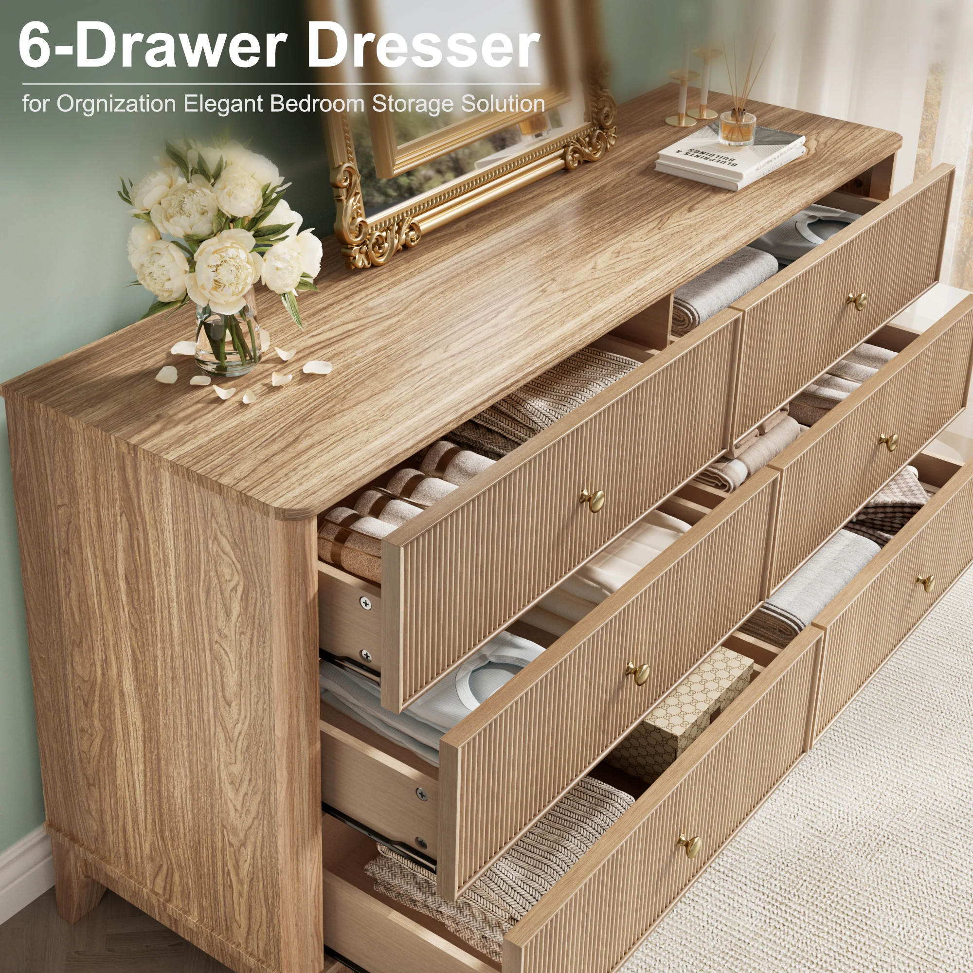 53.1" Wide 6-Drawer Dresser, Fluted Modern Chest of Drawers with Soft Round Corners, Wooden TV Stand for Bedroom, Living Room &