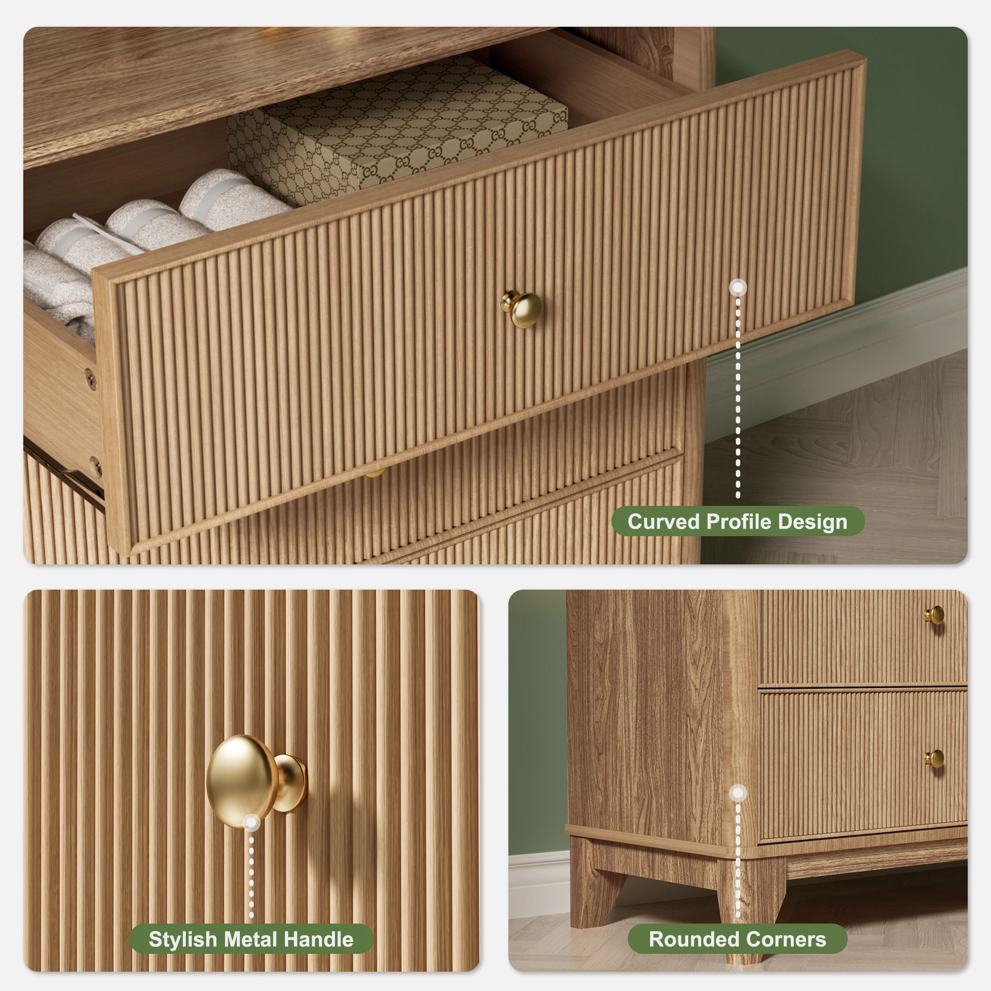 53.1" Wide 6-Drawer Dresser, Fluted Modern Chest of Drawers with Soft Round Corners, Wooden TV Stand for Bedroom, Living Room &