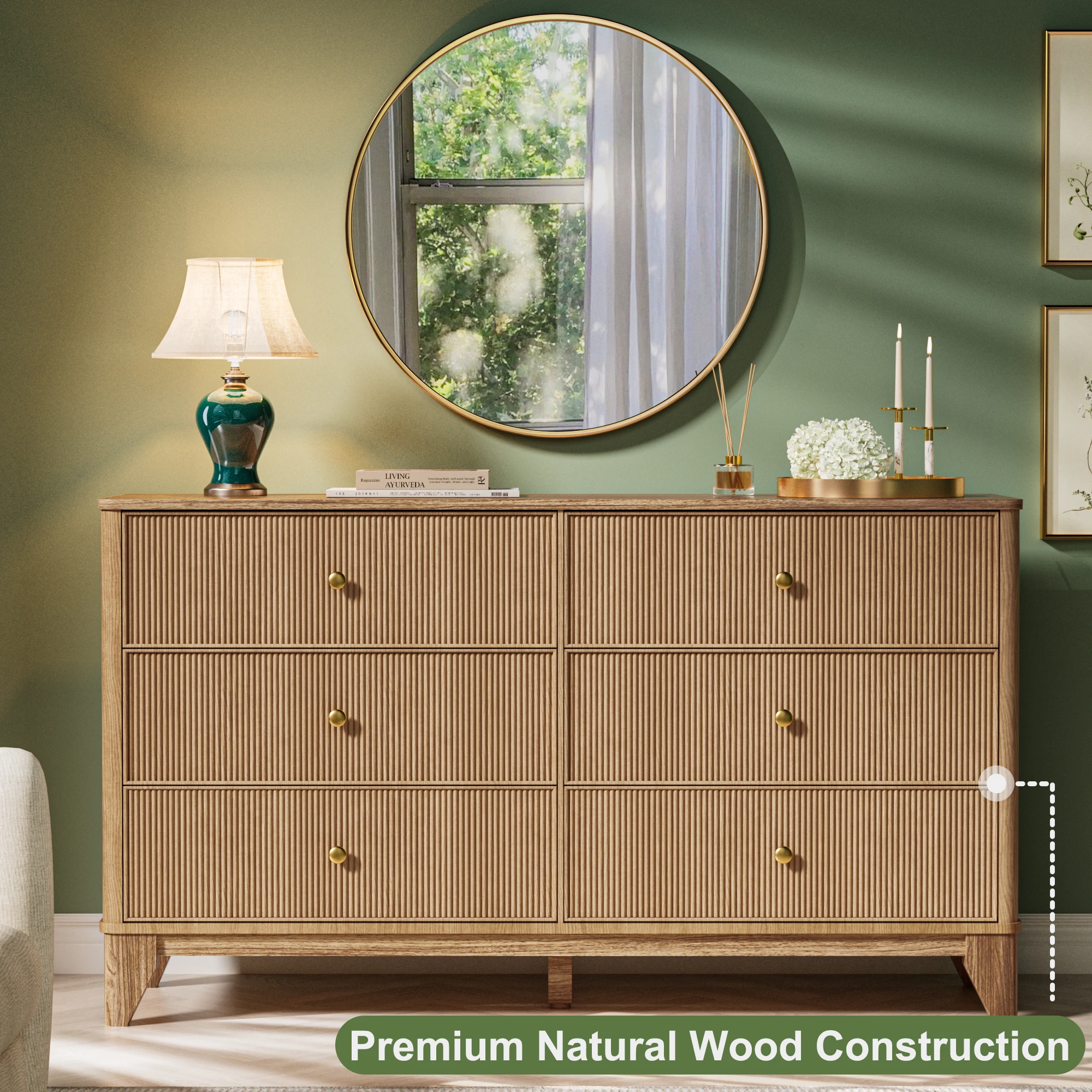53.1" Wide 6-Drawer Dresser, Fluted Modern Chest of Drawers with Soft Round Corners, Wooden TV Stand for Bedroom, Living Room &