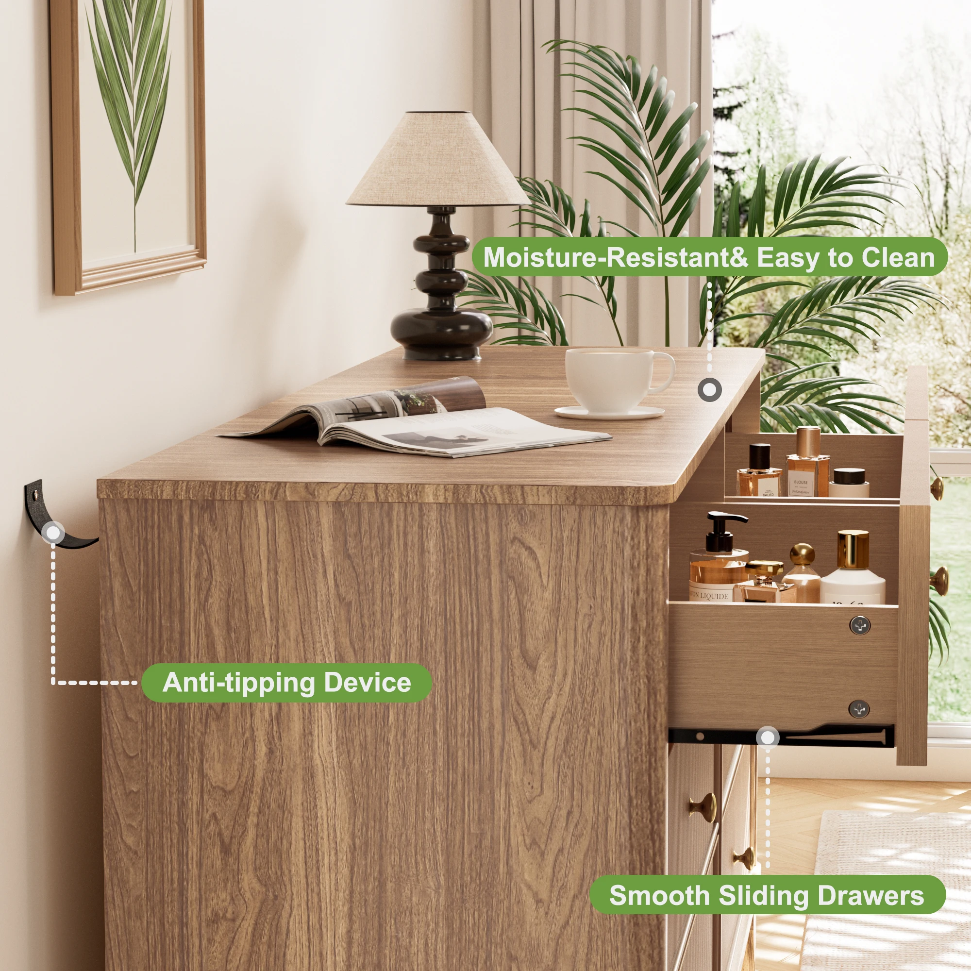 53.1" Wide 6-Drawer Dresser, Fluted Modern Chest of Drawers with Soft Round Corners, Wooden TV Stand for Bedroom, Living Room &