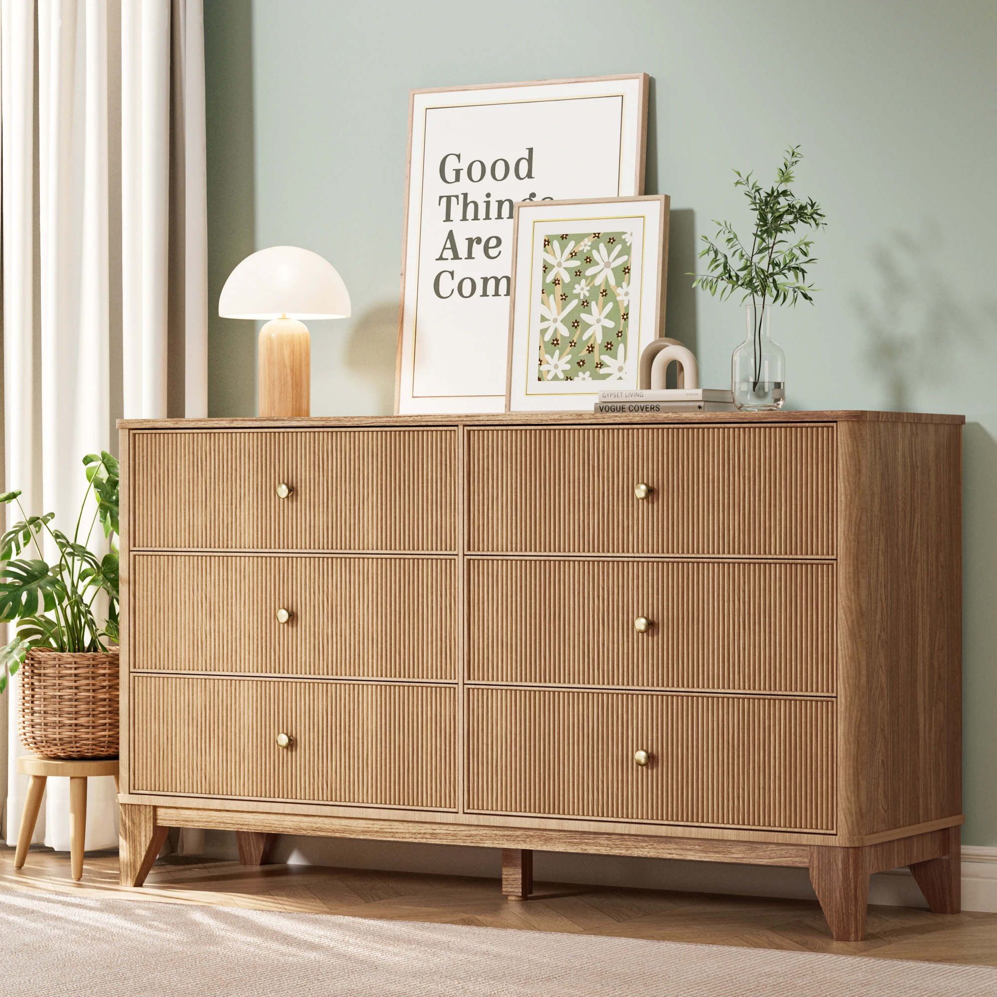 53.1" Wide 6-Drawer Dresser, Fluted Modern Chest of Drawers with Soft Round Corners, Wooden TV Stand for Bedroom, Living Room &