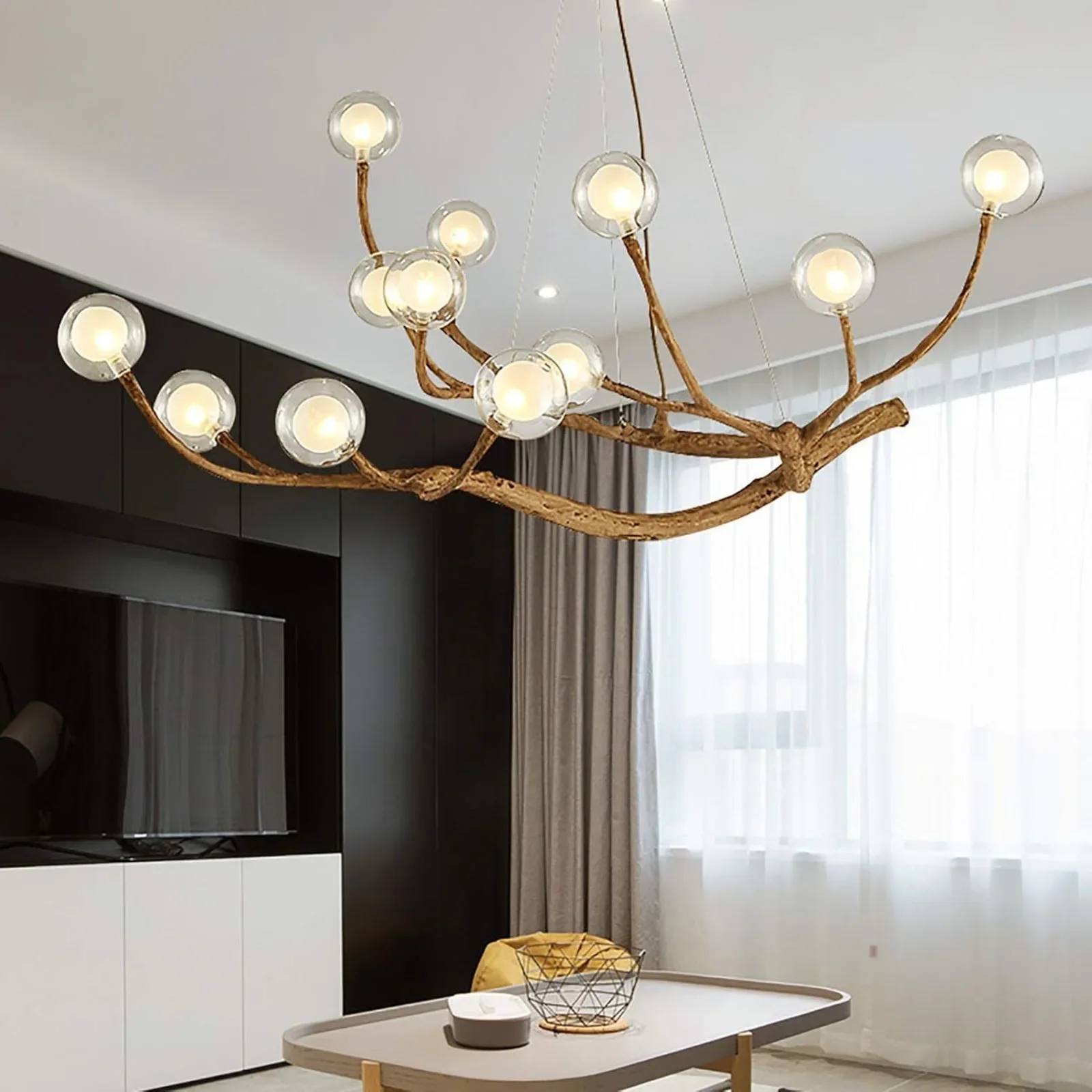 Retro Glass Globe Chandelier, 12-Light Modern LED Wood Branch Tree Hanging Lamp, Glass Bubble Pendant Ceiling Light 36W 110V