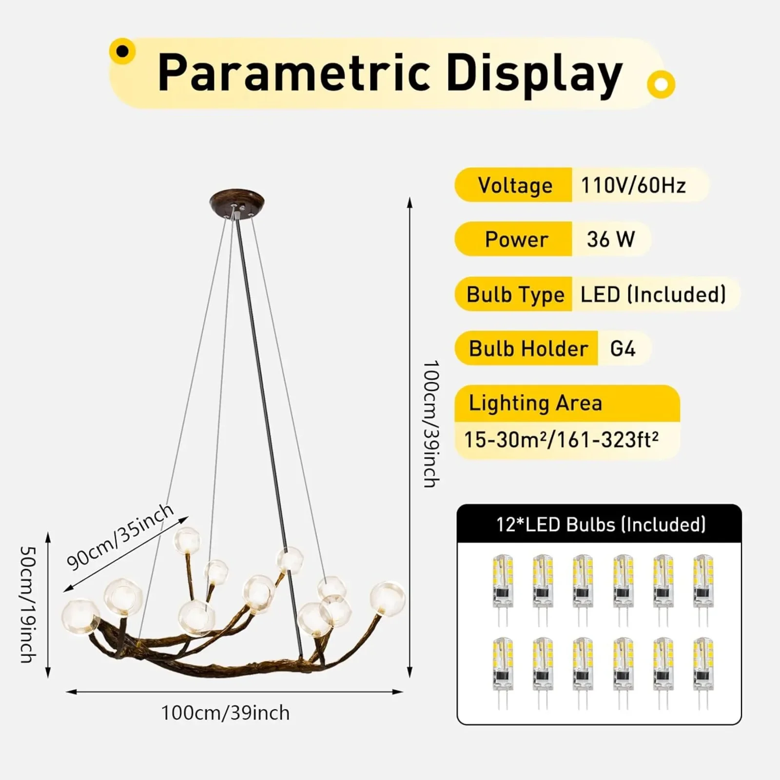 Retro Glass Globe Chandelier, 12-Light Modern LED Wood Branch Tree Hanging Lamp, Glass Bubble Pendant Ceiling Light 36W 110V
