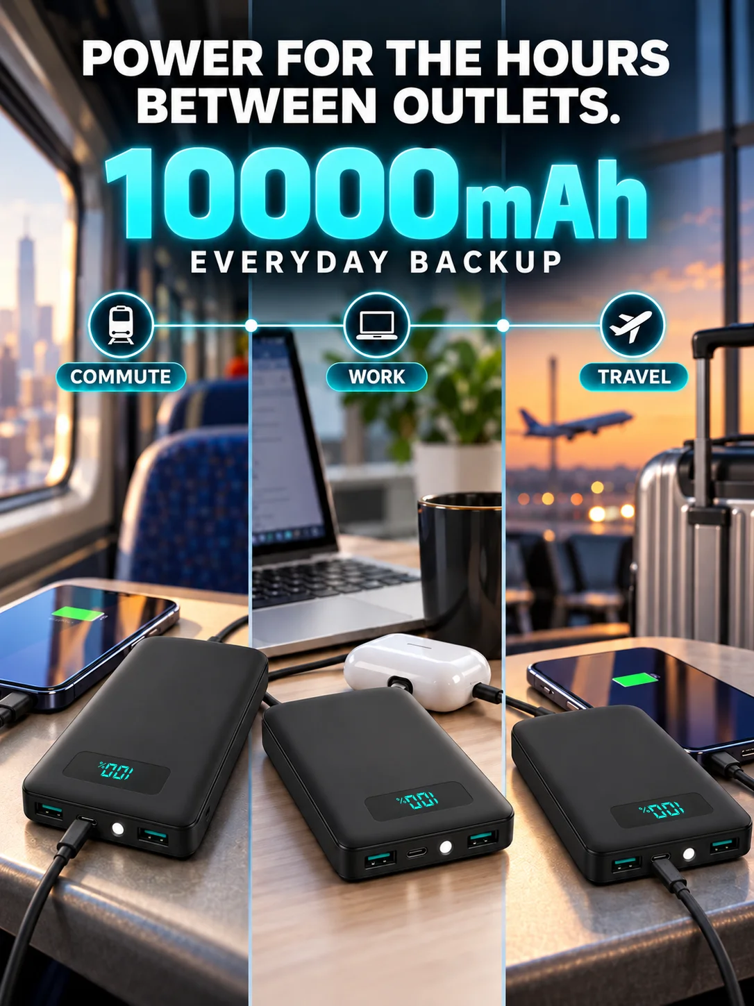 12W PD Charge Powerbank 10000mAh Thin Portable Charger Type C USB C External Battery Backup Power Supply with LED Display for Travel Camping Fits iPhone 17 16 15 14 Plus Pro Max Samsung Galaxy S26 S25 Ultra S24 Google Pixel 9 8 Pro