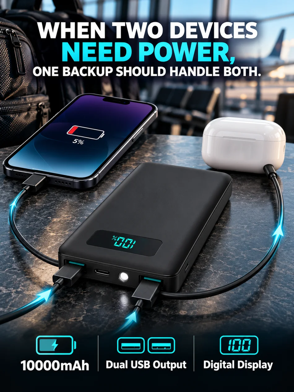 12W PD Charge Powerbank 10000mAh Thin Portable Charger Type C USB C External Battery Backup Power Supply with LED Display for Travel Camping Fits iPhone 17 16 15 14 Plus Pro Max Samsung Galaxy S26 S25 Ultra S24 Google Pixel 9 8 Pro