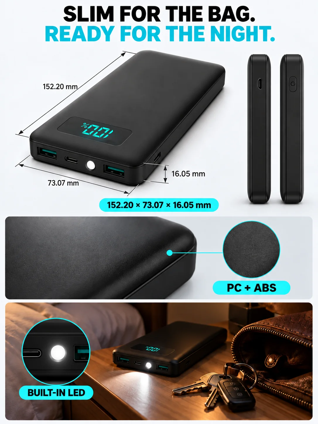 12W PD Charge Powerbank 10000mAh Thin Portable Charger Type C USB C External Battery Backup Power Supply with LED Display for Travel Camping Fits iPhone 17 16 15 14 Plus Pro Max Samsung Galaxy S26 S25 Ultra S24 Google Pixel 9 8 Pro
