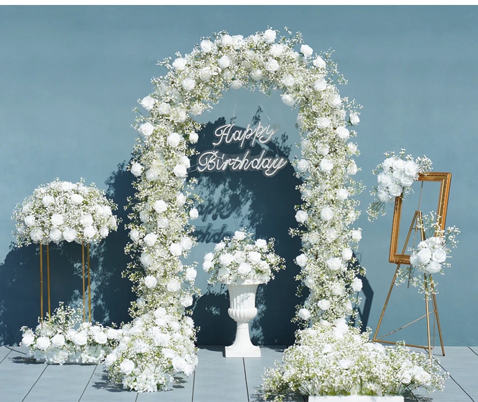 Angela A7672 Artificial White Rose Baby's Breath Flower Row Wedding Backdrop Floral Arrangement Decor Event Banquet Accessories