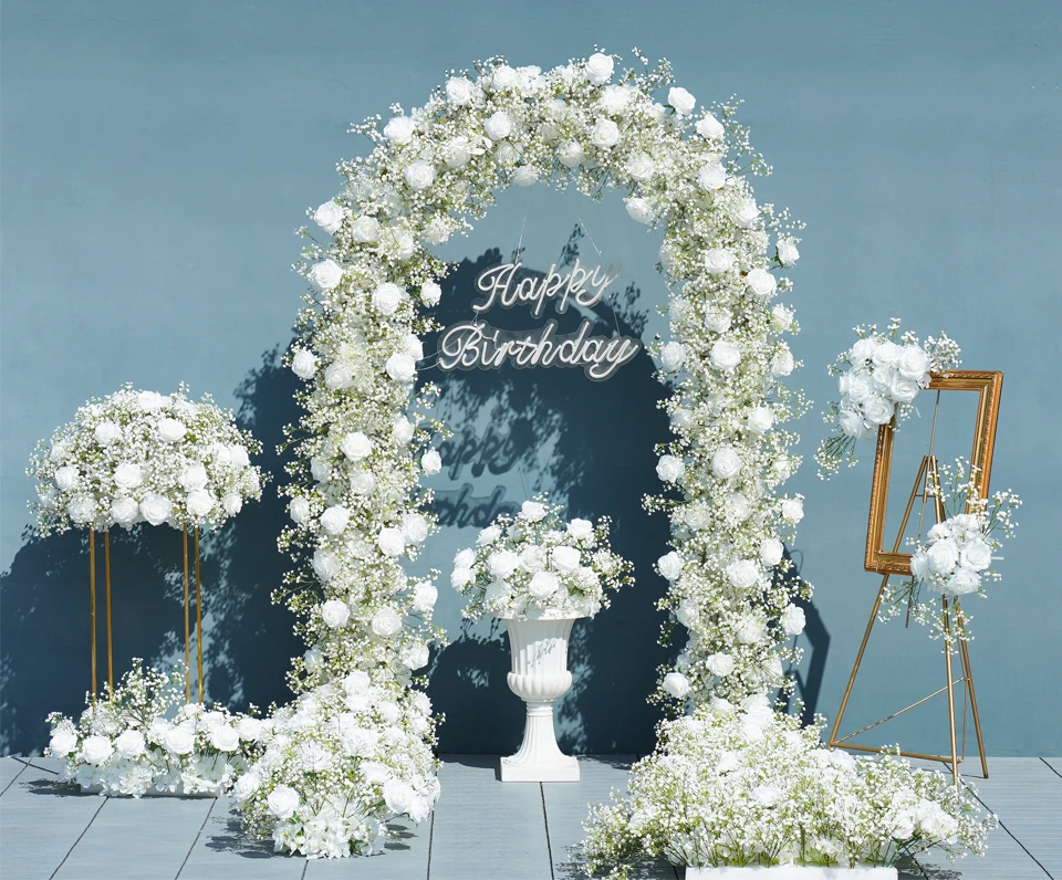 Angela A7672 Artificial White Rose Baby's Breath Flower Row Wedding Backdrop Floral Arrangement Decor Event Banquet Accessories