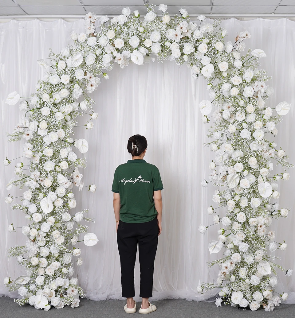 Angela A7672 Artificial White Rose Baby's Breath Flower Row Wedding Backdrop Floral Arrangement Decor Event Banquet Accessories