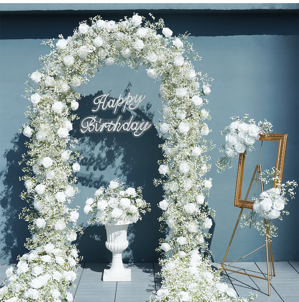 Angela A7672 Artificial White Rose Baby's Breath Flower Row Wedding Backdrop Floral Arrangement Decor Event Banquet Accessories
