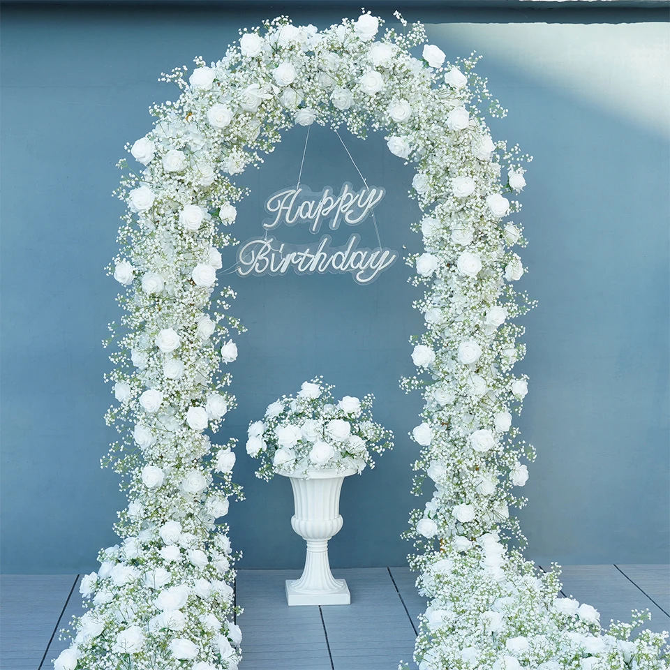 Angela A7672 Artificial White Rose Baby's Breath Flower Row Wedding Backdrop Floral Arrangement Decor Event Banquet Accessories