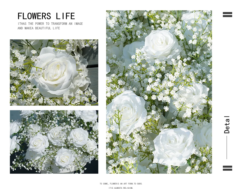 Angela A7672 Artificial White Rose Baby's Breath Flower Row Wedding Backdrop Floral Arrangement Decor Event Banquet Accessories
