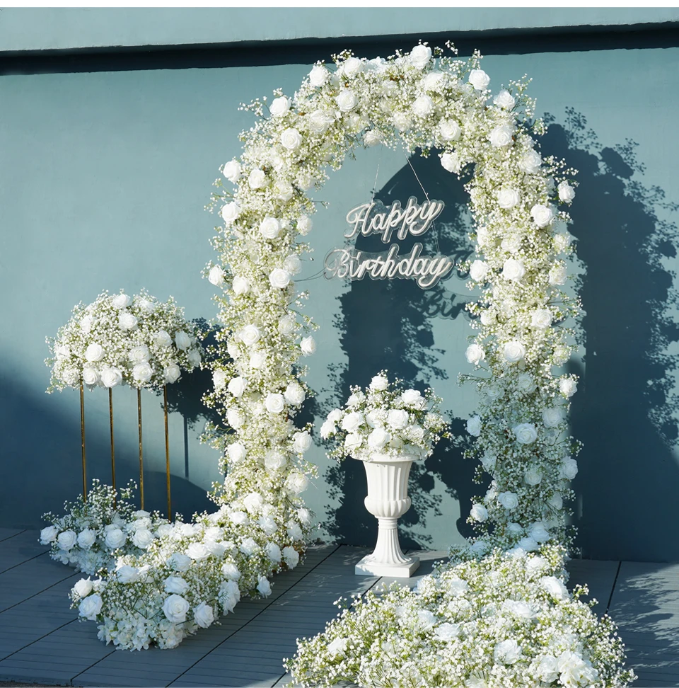 Angela A7672 Artificial White Rose Baby's Breath Flower Row Wedding Backdrop Floral Arrangement Decor Event Banquet Accessories