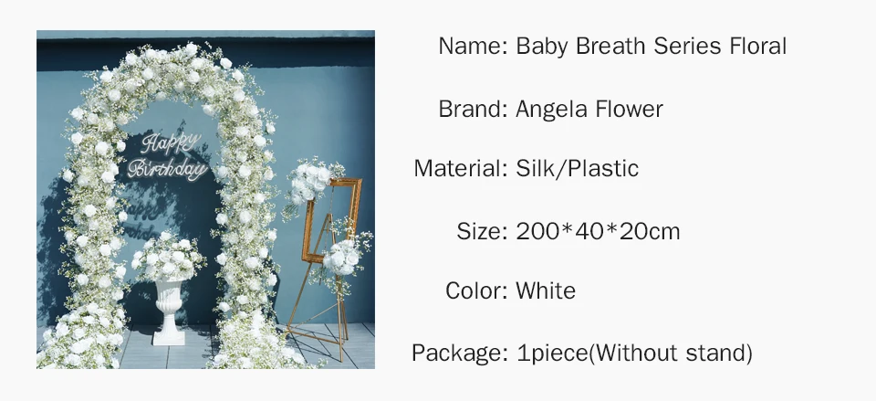 Angela A7672 Artificial White Rose Baby's Breath Flower Row Wedding Backdrop Floral Arrangement Decor Event Banquet Accessories