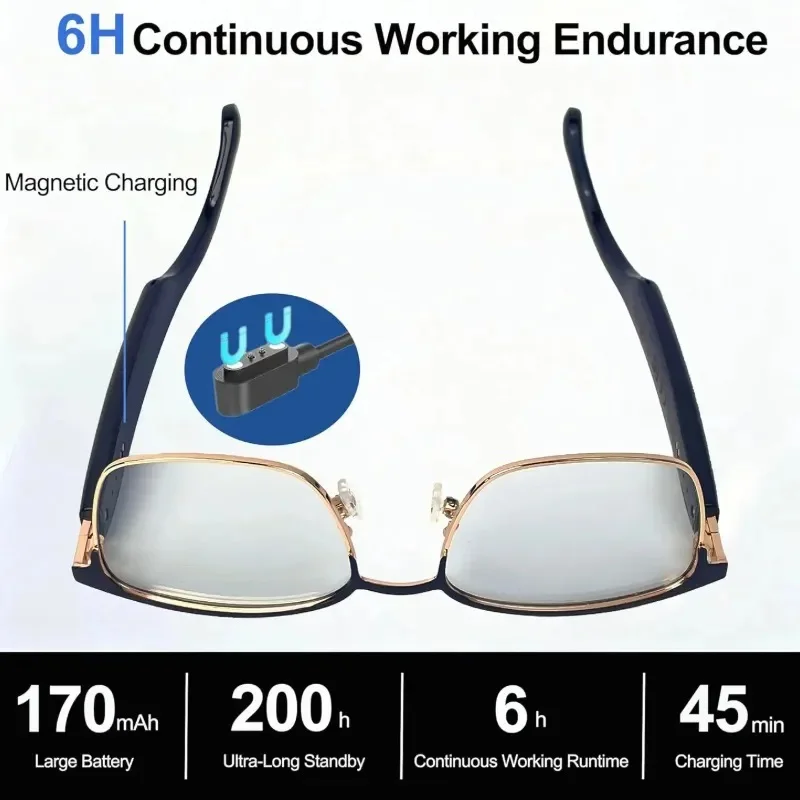 VUB Music Reading Glasses are Bluetooth audio smart reading glasses equipped with blue light blocking lenses and a metal frame.