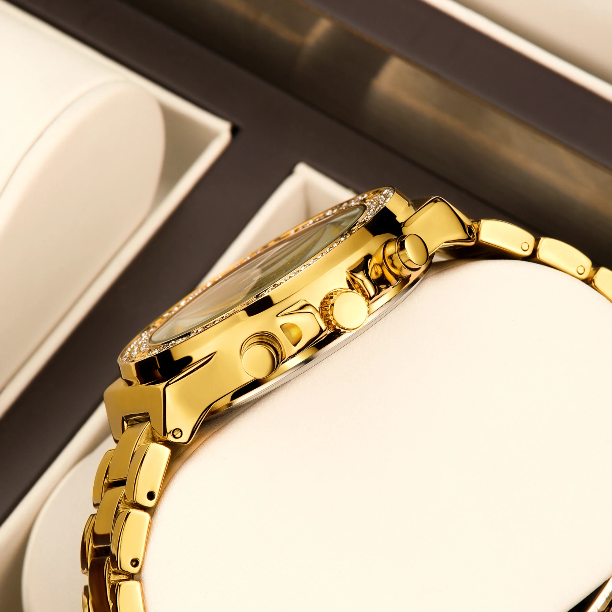 YaLaLuSi Men Women Fashion Watch, Waterproof Sports Bling Diamond Chronograph Wristwatch, Gold Band, Free Shipping