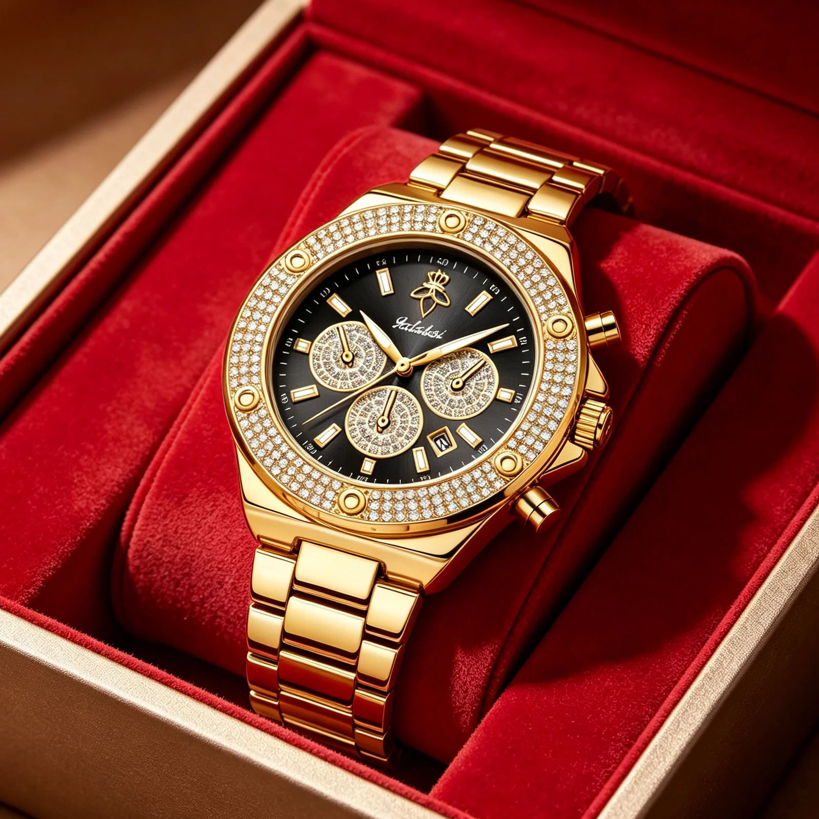YaLaLuSi Men Women Fashion Watch, Waterproof Sports Bling Diamond Chronograph Wristwatch, Gold Band, Free Shipping