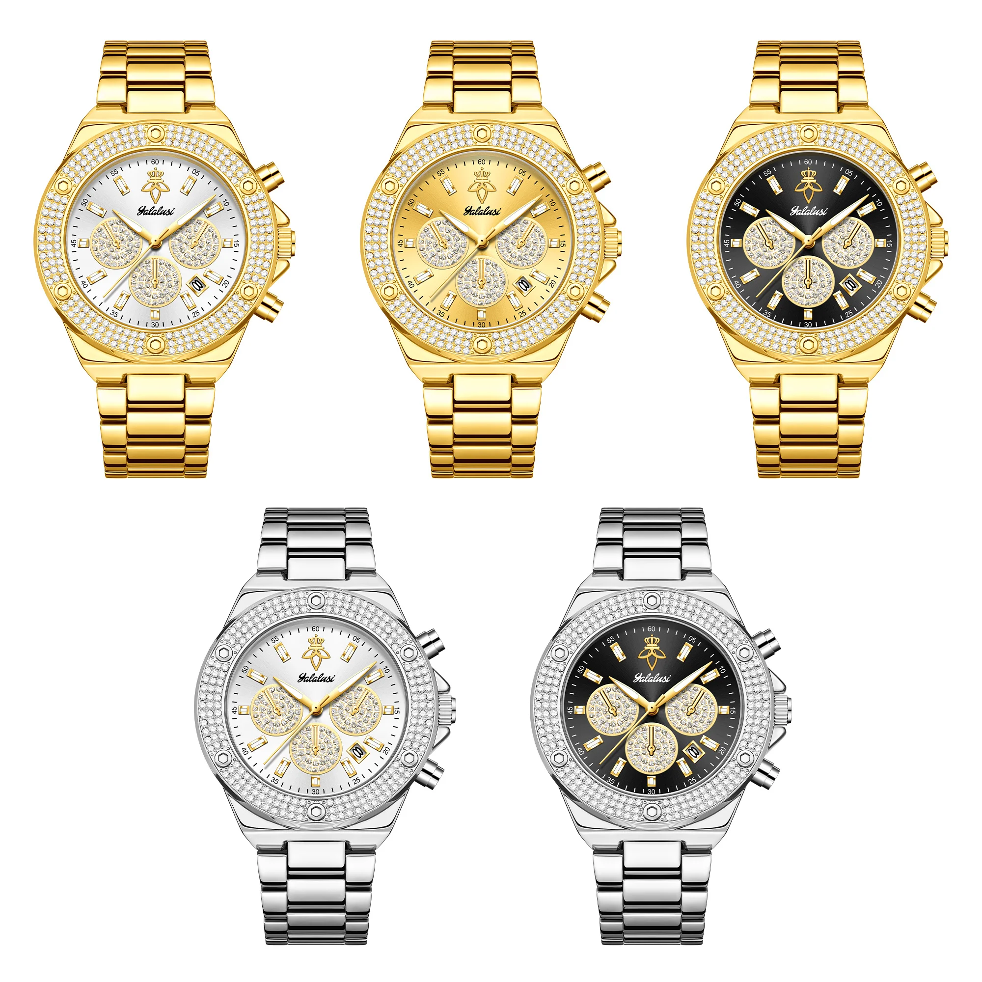YaLaLuSi Men Women Fashion Watch, Waterproof Sports Bling Diamond Chronograph Wristwatch, Gold Band, Free Shipping