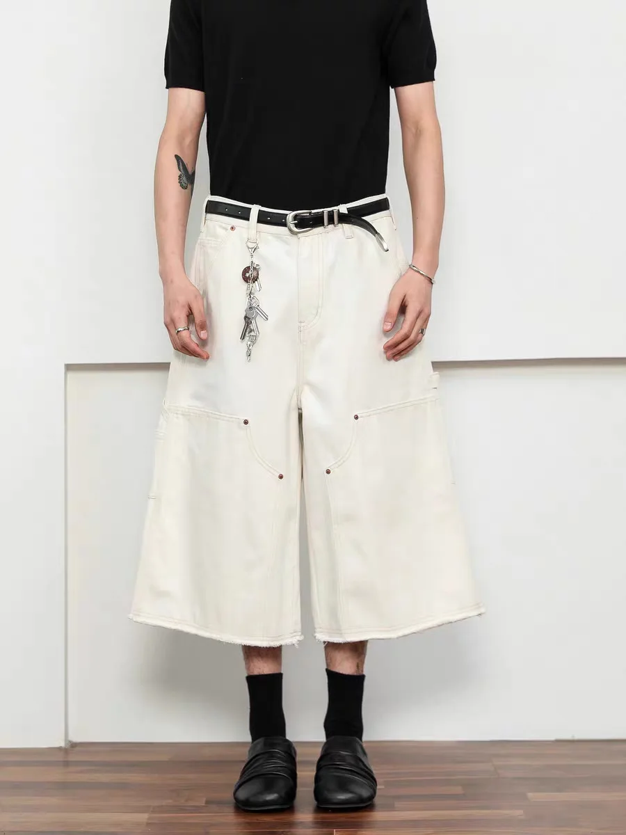 Men's White Baggy Wide Leg Carpenter Denim Jorts Frayed Raw Hem Y2K Street Style Casual Daily Going Out Loose Fit Streetwear Shorts
