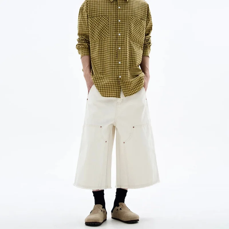 Men's White Baggy Wide Leg Carpenter Denim Jorts Frayed Raw Hem Y2K Street Style Casual Daily Going Out Loose Fit Streetwear Shorts