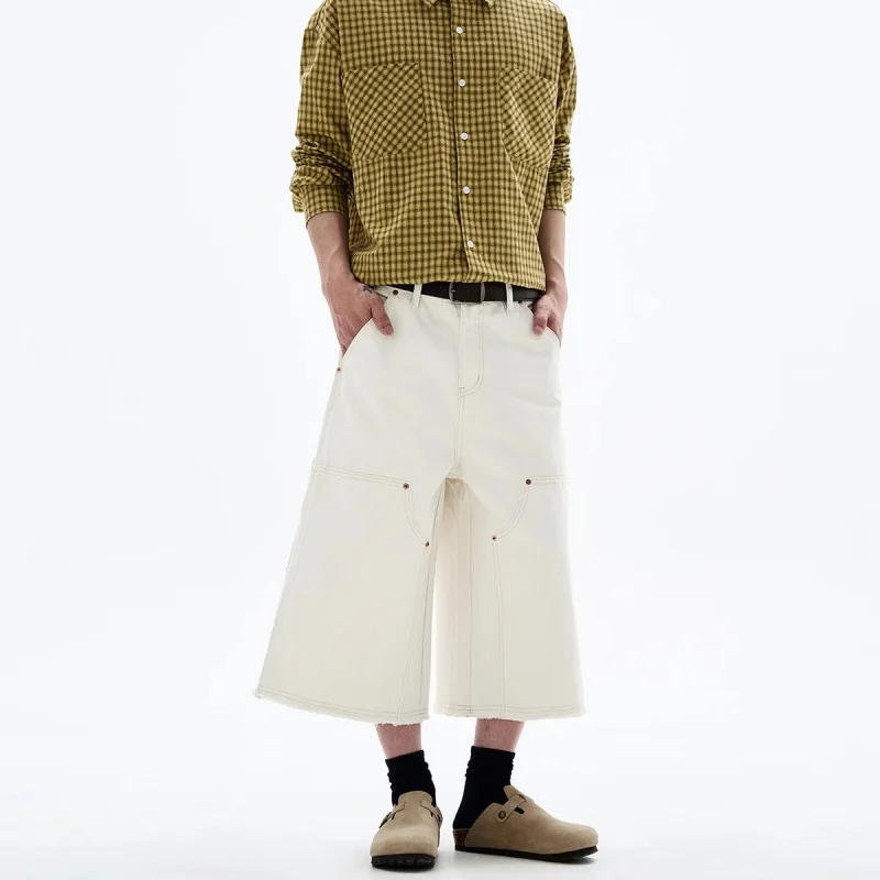 Men's White Baggy Wide Leg Carpenter Denim Jorts Frayed Raw Hem Y2K Street Style Casual Daily Going Out Loose Fit Streetwear Shorts