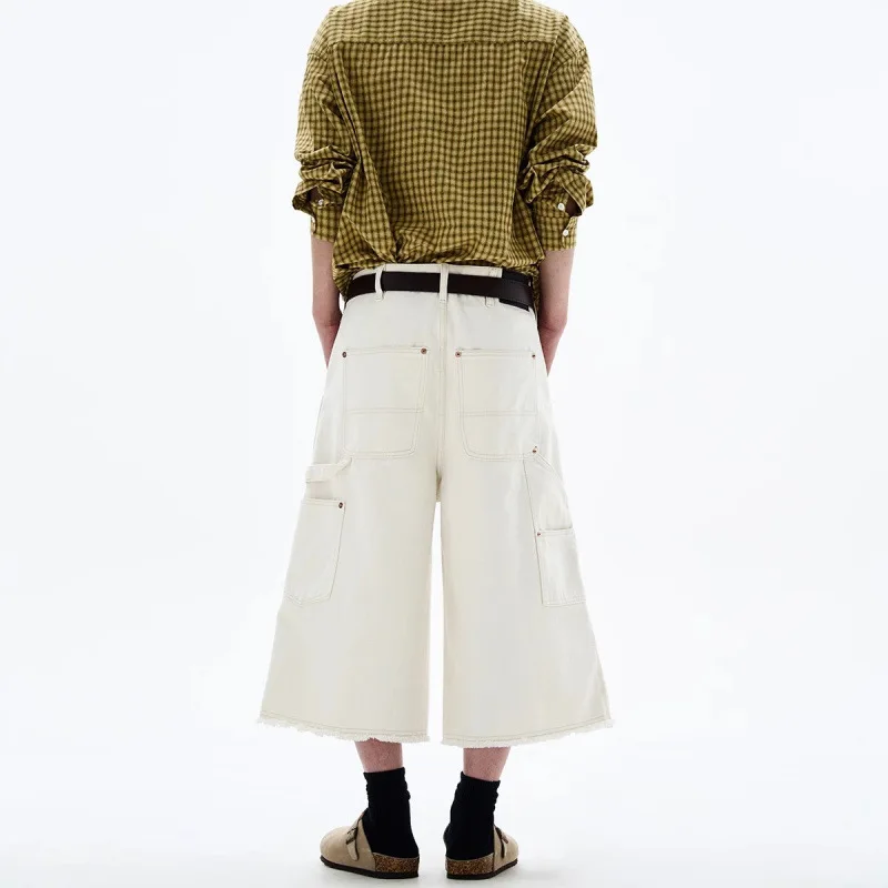 Men's White Baggy Wide Leg Carpenter Denim Jorts Frayed Raw Hem Y2K Street Style Casual Daily Going Out Loose Fit Streetwear Shorts