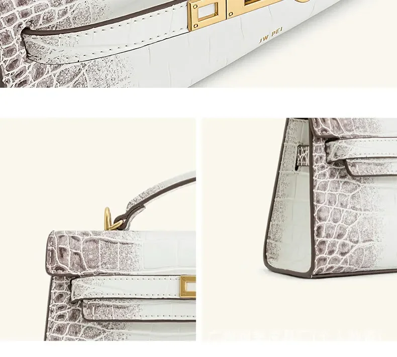 JW PEI Noor Mini Leather Top Handle Handbag Women's Crocodile Embossed Crossbody Purse Elegant Luxury Style Satchel Shoulder Bag
