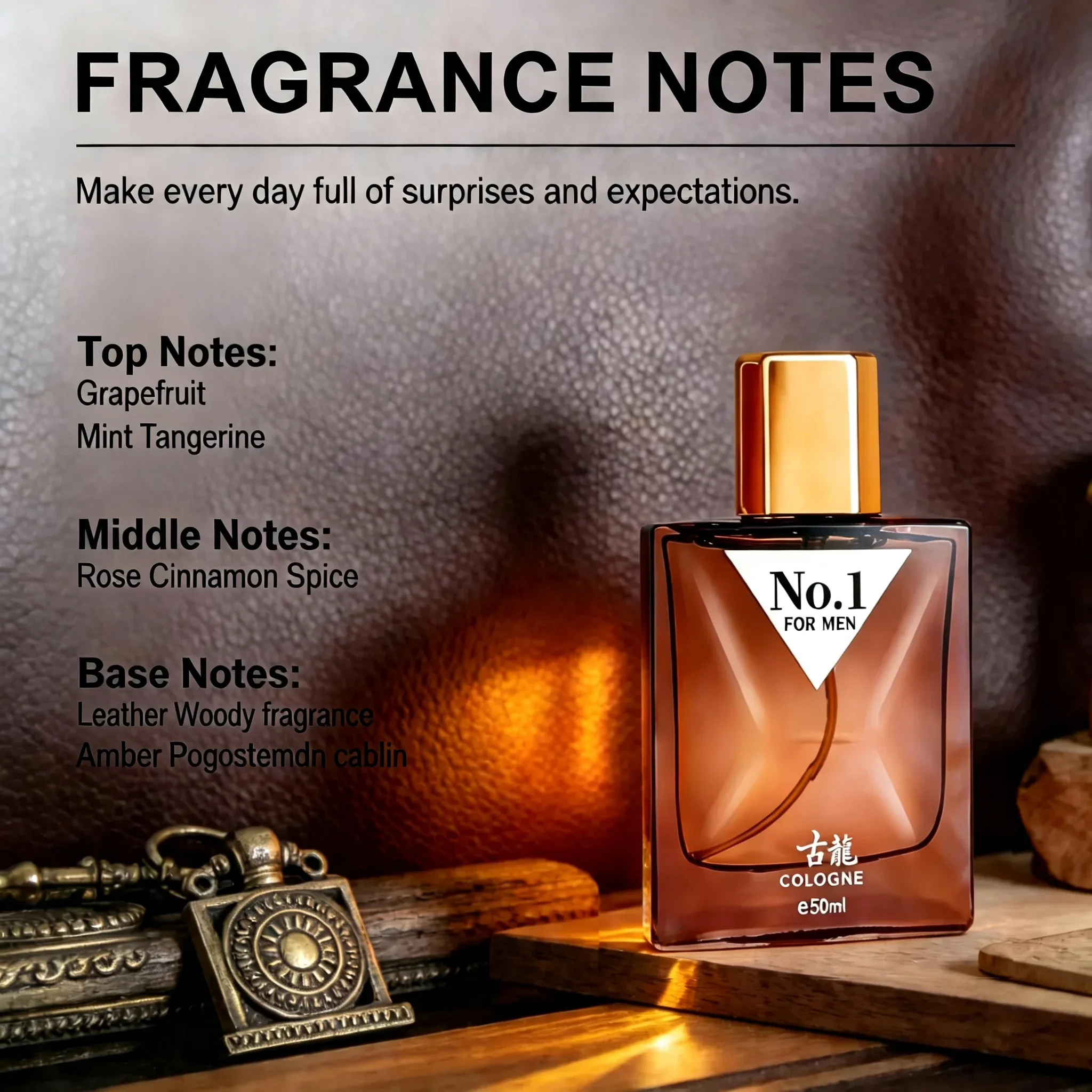 50ml No.1 Men's Leather Woody Cologne, Long Lasting Masculine Eau de Toilette, Grapefruit Mint Tangerine Top, Rose Cinnamon Spice & Amber Leather Base, Daily Business Dating Party Fragrance Gift for Him