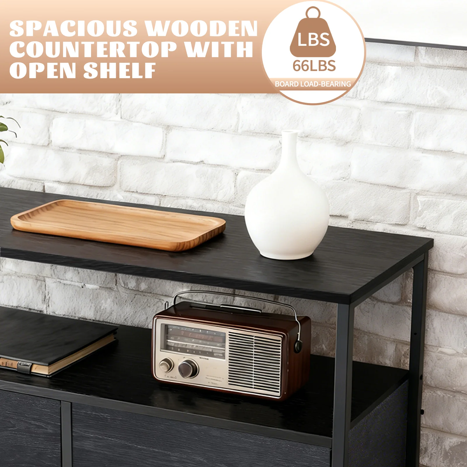 MCQ Living Room Wooden Top TV Stand 8 Fabric Drawers Cabinet with Charging Station Raised Shelf Storage Display Furniture