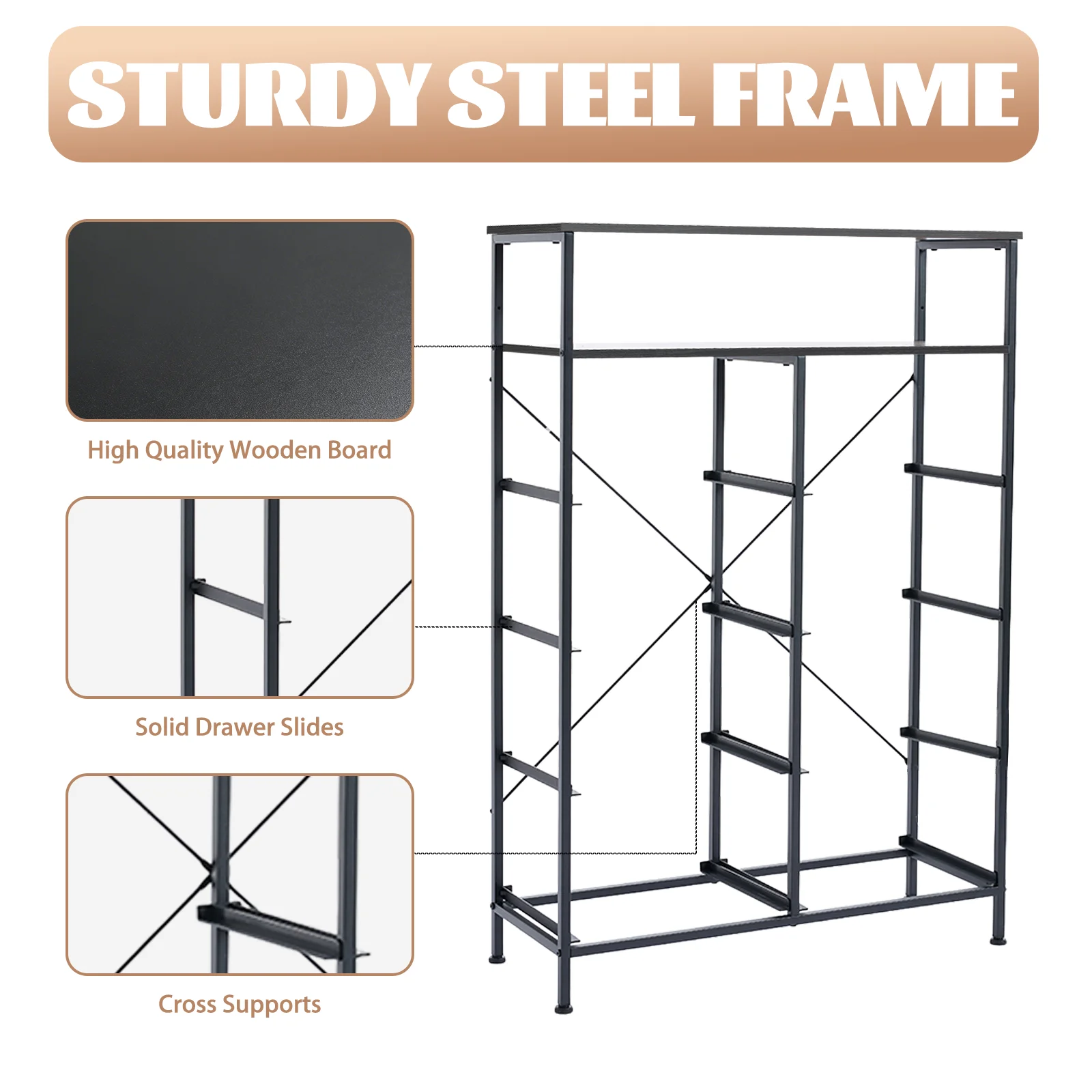 MCQ Living Room Wooden Top TV Stand 8 Fabric Drawers Cabinet with Charging Station Raised Shelf Storage Display Furniture