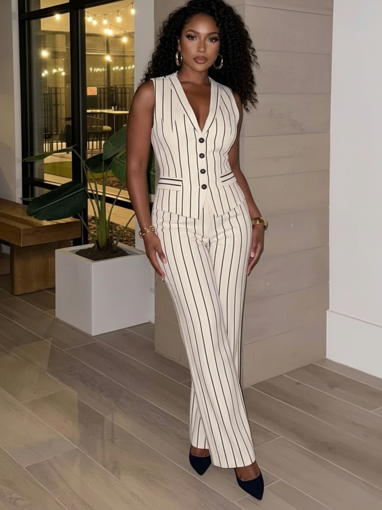 Women Sleeveless V Neck Pinstripe Vest And High Waist Straight Long Pants For Elegant Office Business And Daily Occasion